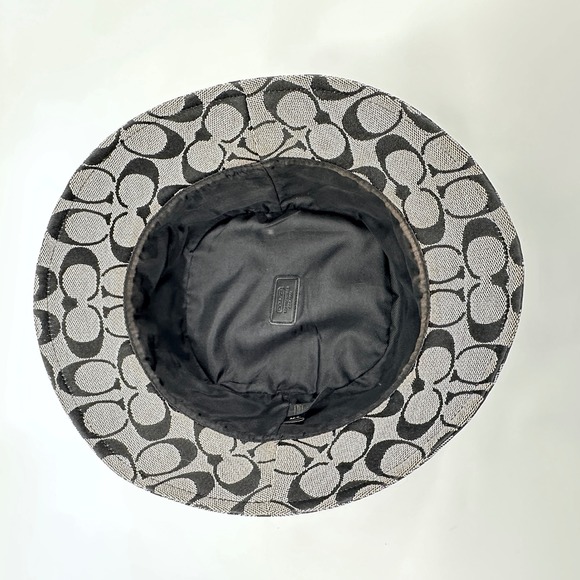 Coach Bucket Hat Women M/L Black Grey Excellent Signature Monogram Leather Trim - Picture 5 of 11